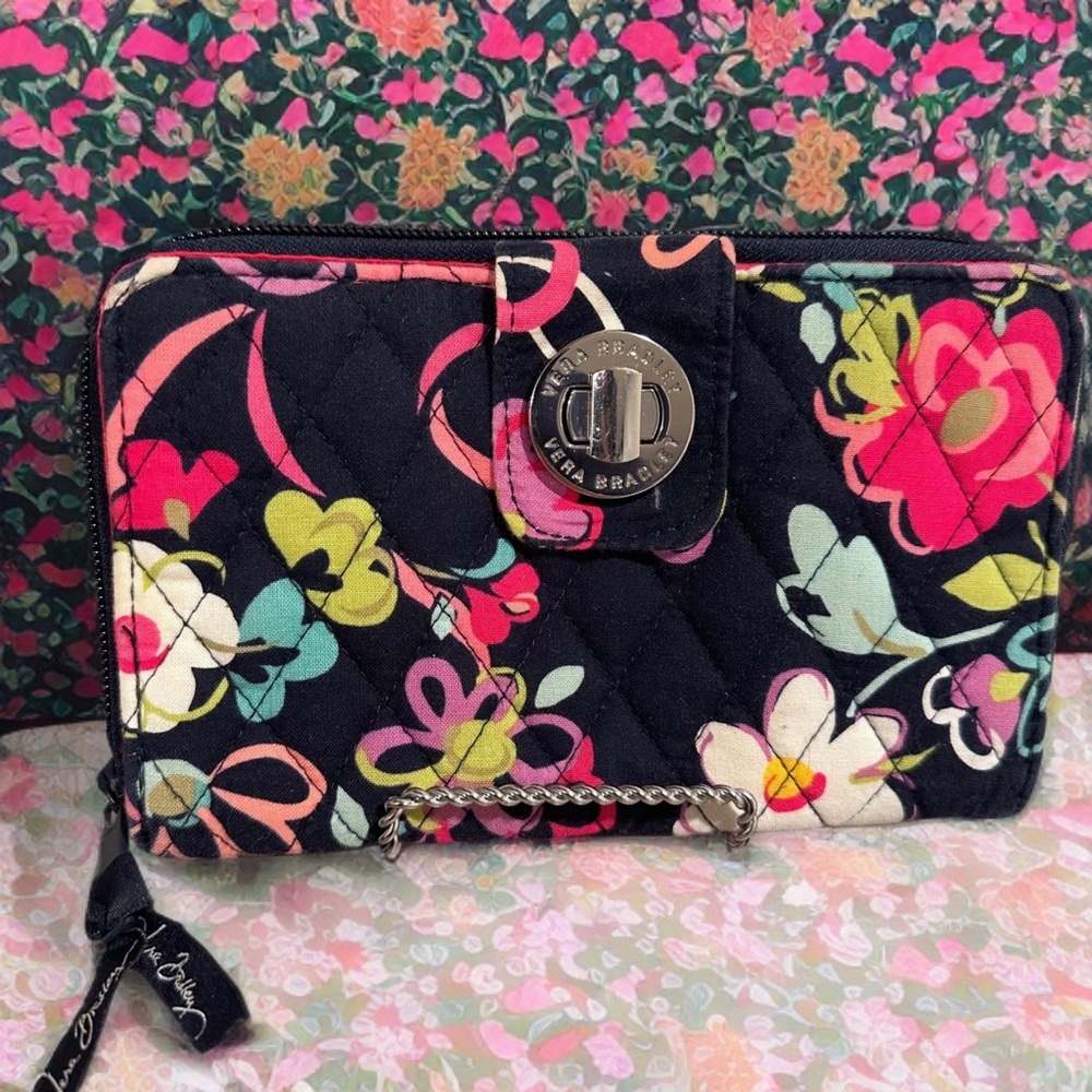 Vera Bradley Turn-Lock Wallet Ribbons Black Floral Quilted Zip Wallet Thick EUC
